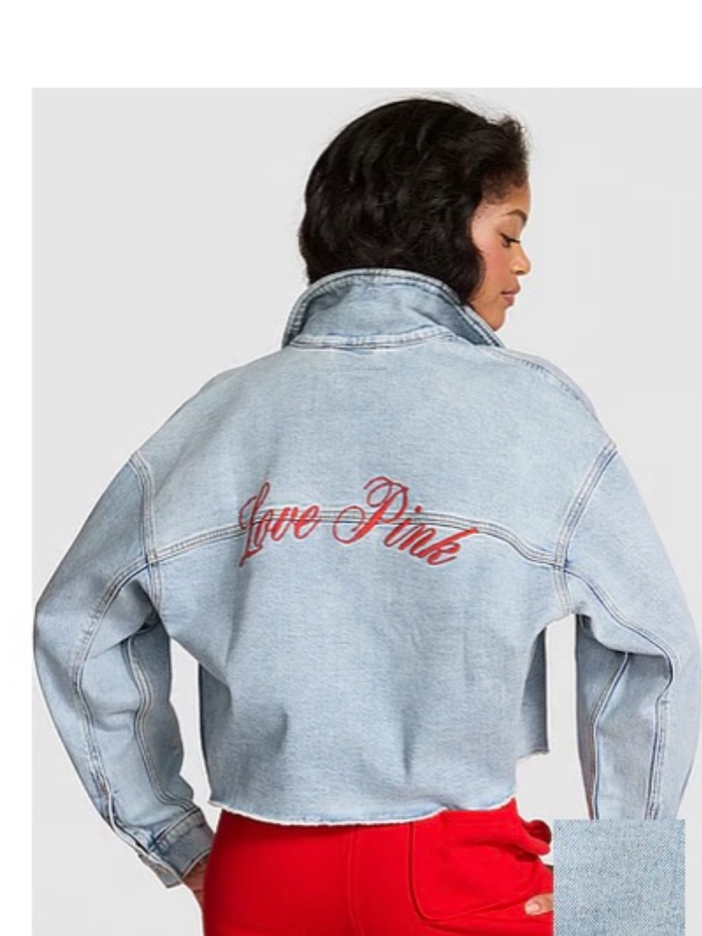 PINK Victoria's Secret Light Wash Cropped Denim Jacket with Red Script